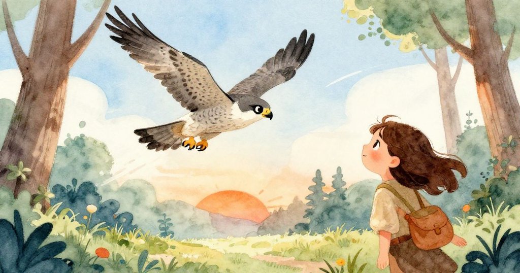 米拉驚訝仰望，一隻隼鷹在微光中劃過天空，旋風拂動落葉，展現大自然中的震撼奇遇。