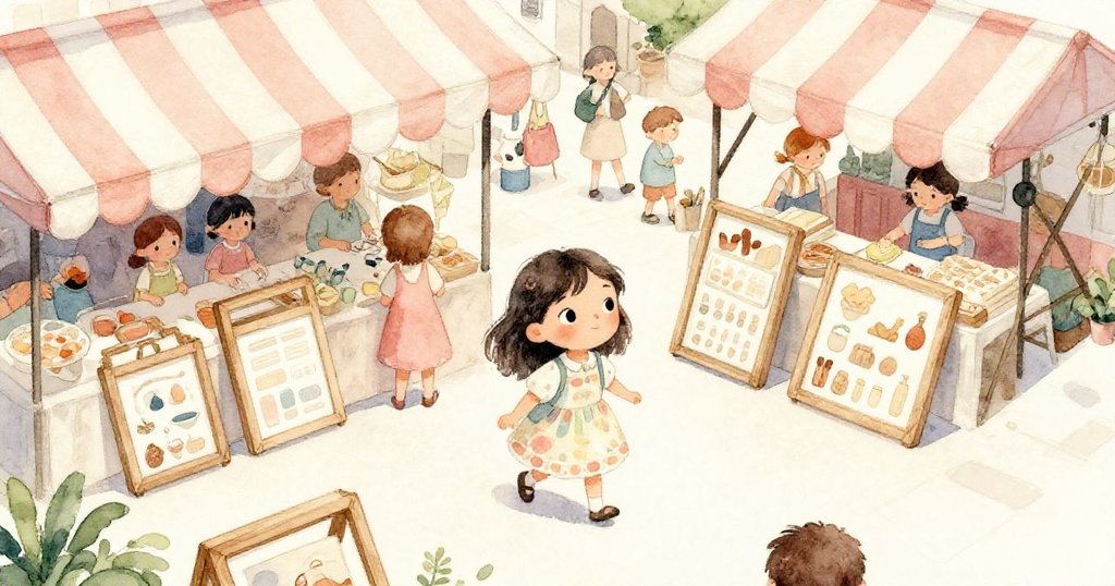 米拉穿著彩色洋裝活躍踏入條紋遮陽篷下的市場攤位,上空鳥瞰展現木框架與熱鬧市集,情緒期待溫暖。