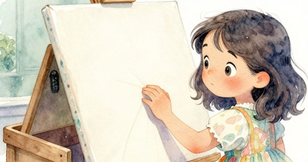 米拉輕觸靠在箱旁的木質畫布,細看破損價牌與粗糙線條,市場背景靜謐且充滿探索期待。