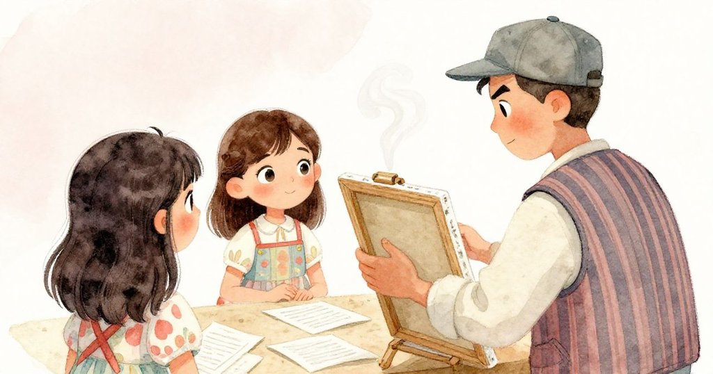 米拉從背後注視與攤販激烈討價還價,攤位上報紙與蒸氣點綴,兩人神情堅定且充滿好奇。