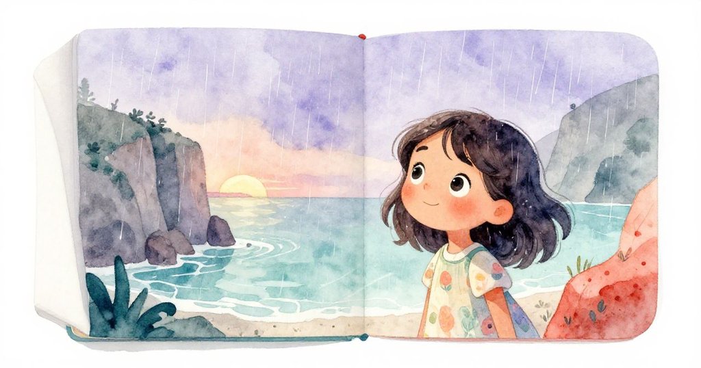 雨中微風吹起畫布一角,隱露海邊色調與隱藏風景,米拉凝神欣賞,神情充滿驚奇與期待。