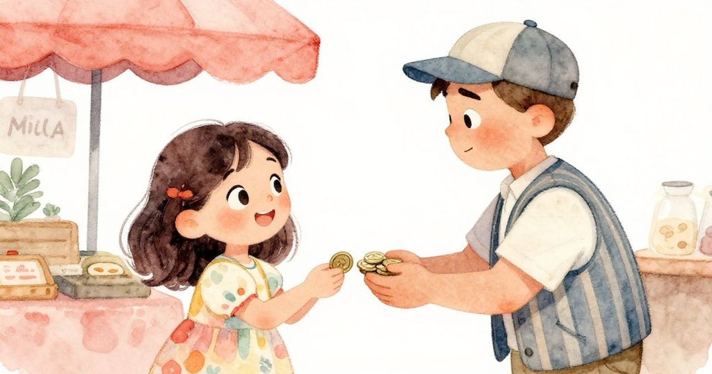 米拉與攤販完成交易,硬幣清脆作響,雙方互露笑容,市場背景溫馨熱鬧,情誼展露無遺。