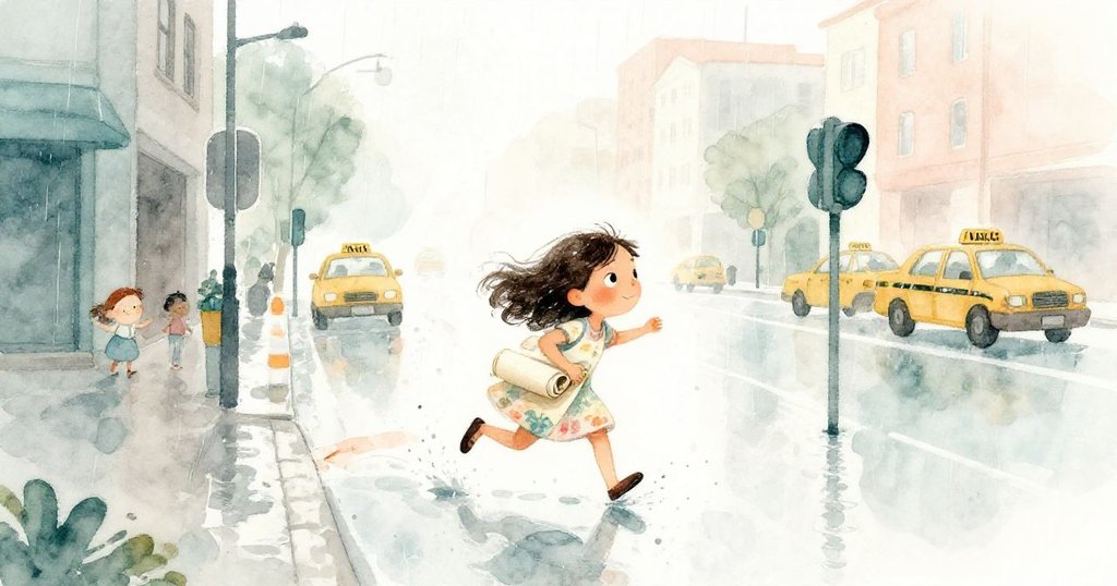 米拉攜帶畫布急步前往計程車站,雨天水坑濺起浪花,都市街景濕潤真切,情緒堅定中帶著溫柔。