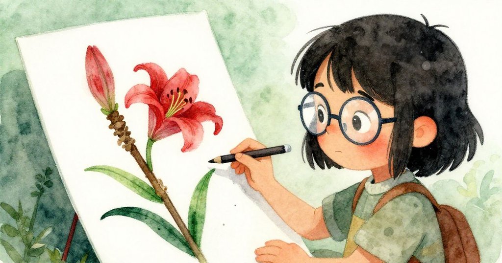 米拉正用炭筆仔細描繪夜開蓮花,手握工具,專注閱讀老舊海報,背景呈現玻璃溫室內部溫暖光芒。