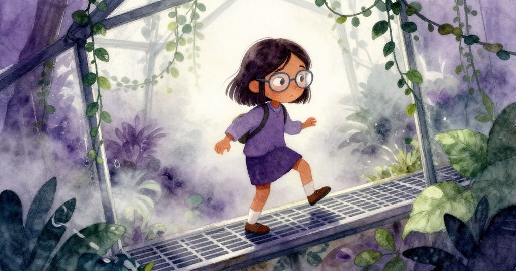 米拉走上網格平台,霧氣融化眼鏡映出朦朧藤蔓,動作中透出探索與適應的柔和神情。