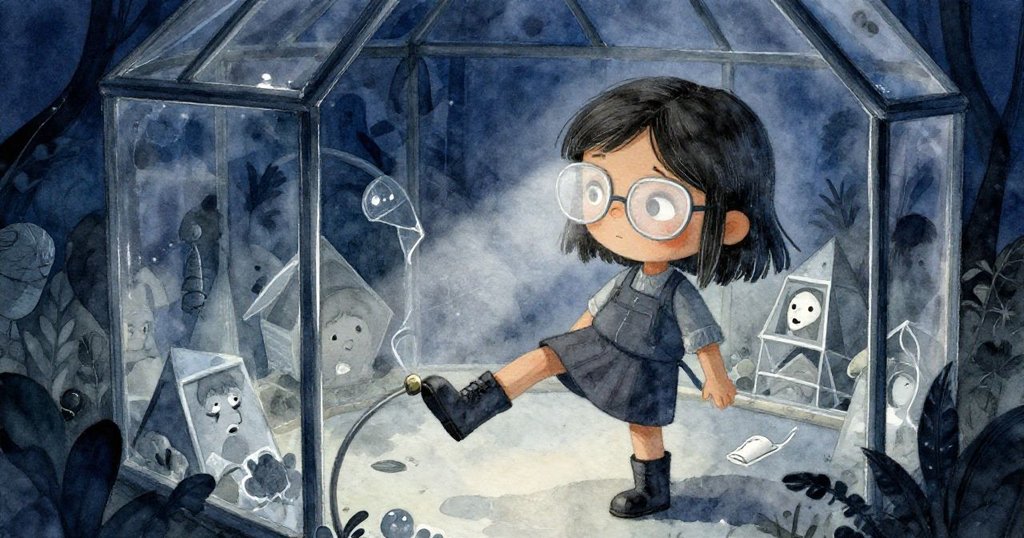 米拉鞋子被水管勾住,素描本突然掉落,她急忙伸手抓取。背景中呈現迷幻般交錯的鐵道與水面倒影。