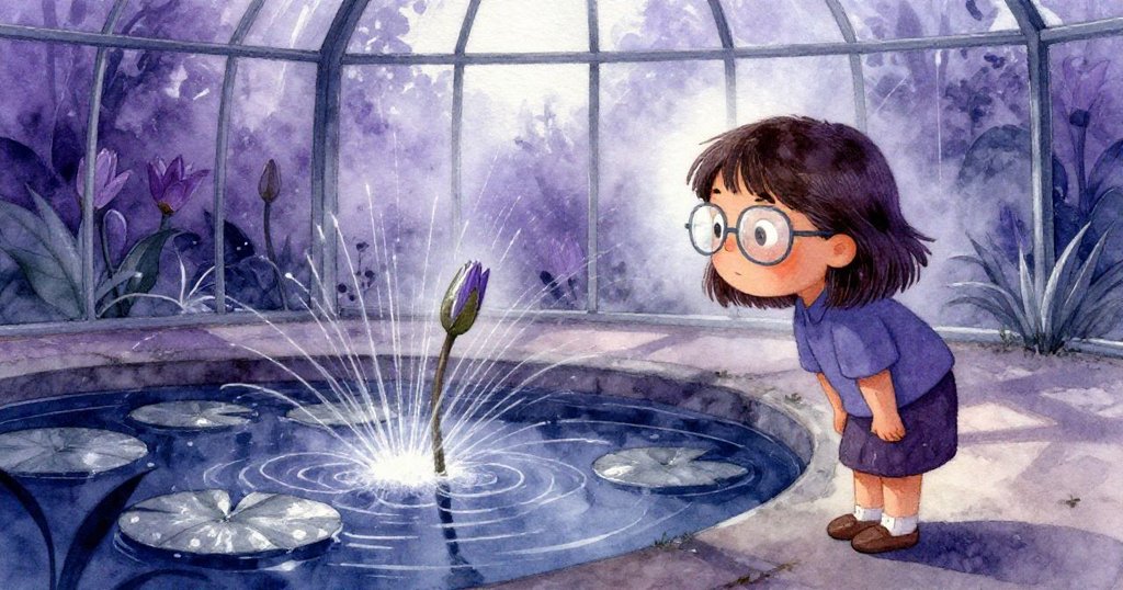 米拉在蓮花池邊凝神注視花苞初展,水珠輕灑周圍,空間充滿神秘與自然融合的柔和氛圍。