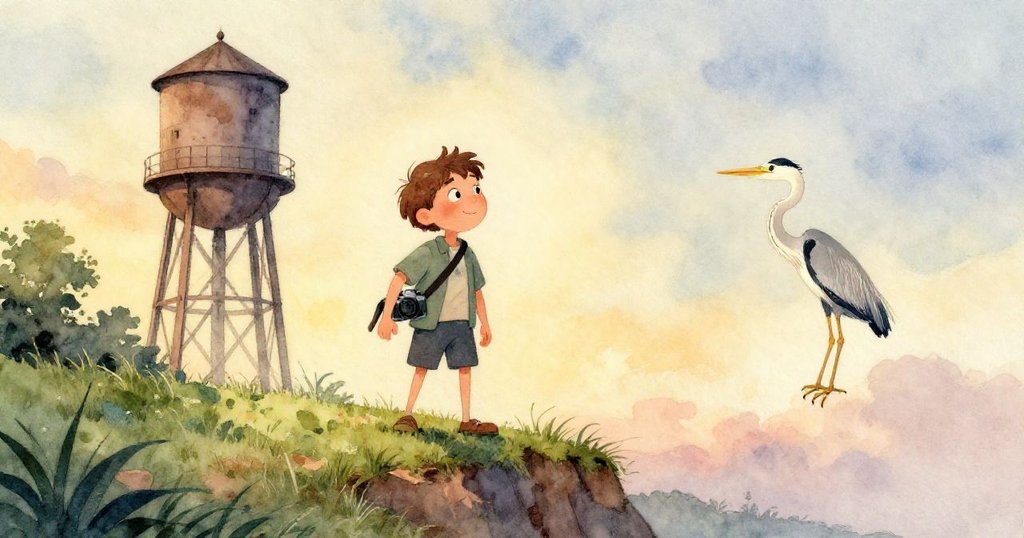 米洛凝視斑駁水塔牆面與草地上記滿筆記的筆記本,晨光映照出歷史滄桑與細膩情感。