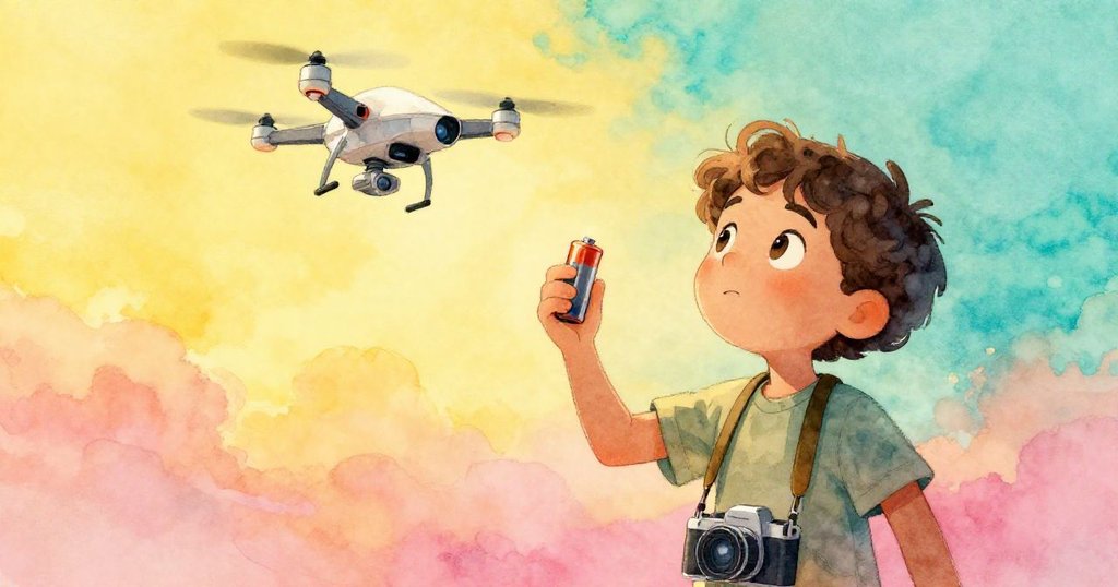 米洛低角度仰望空中盤旋的無人機,手持備用電池,神情專注且略帶焦急,背景晨光流轉展現希望。