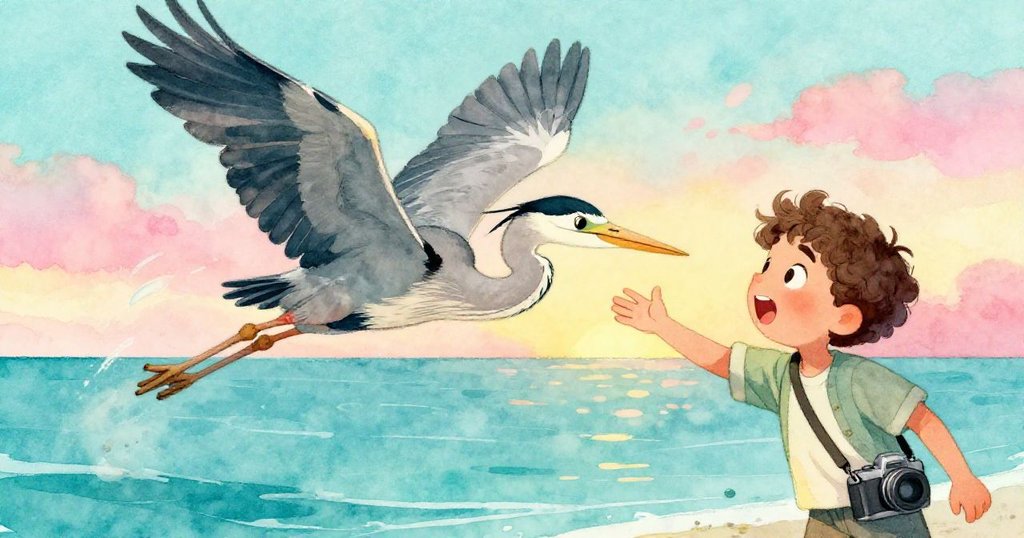 米洛驚訝伸手追捕正被無人機驚飛的鷺鳥,動感模糊中展現活力與急迫,晨光映襯出緊張瞬間。