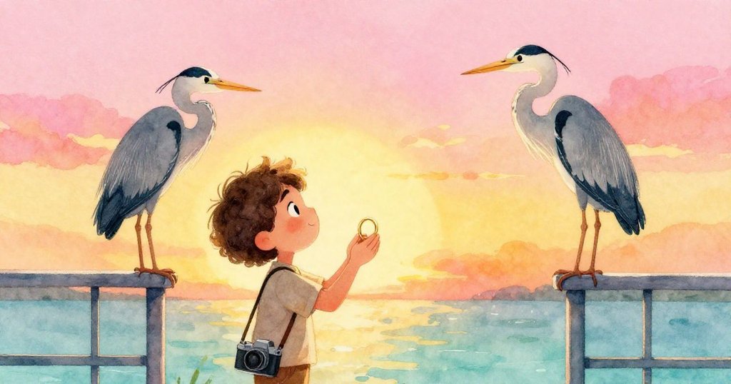 米洛在溫暖晨光中輕捧金戒指,靜看鷺鳥再降水塔欄杆,心中滿懷寧靜與期待,場景和諧溫馨。