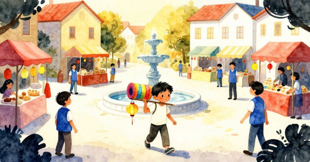 拉維背著彩色紙燈籠走進金色鎮廣場，攤販與噴泉環繞，義工守護，神情期待溫暖寧靜。