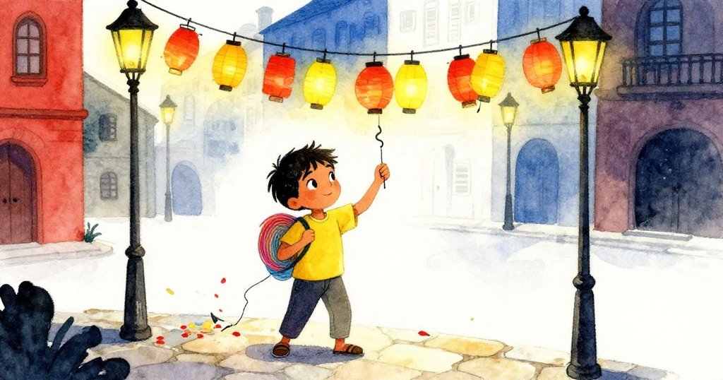 拉維專注拉緊紙燈籠線，掛鉤輕擦出小失誤，石板路上散落少許花瓣，表情略顯謹慎。