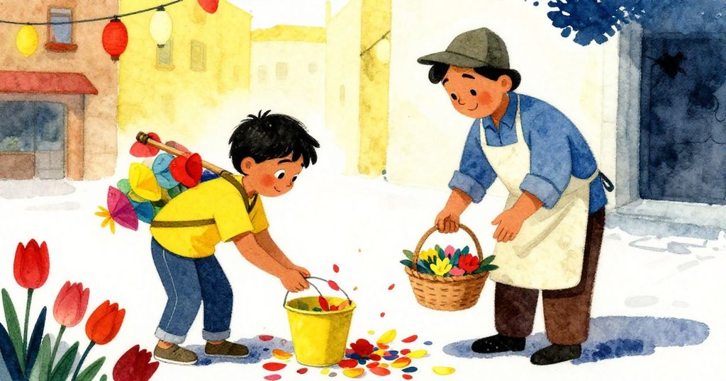 花店老闆彎腰拾起散落郁金香，微笑遞水桶給拉維，兩人默契協作，背景中攤販與陽光交織溫暖場景。