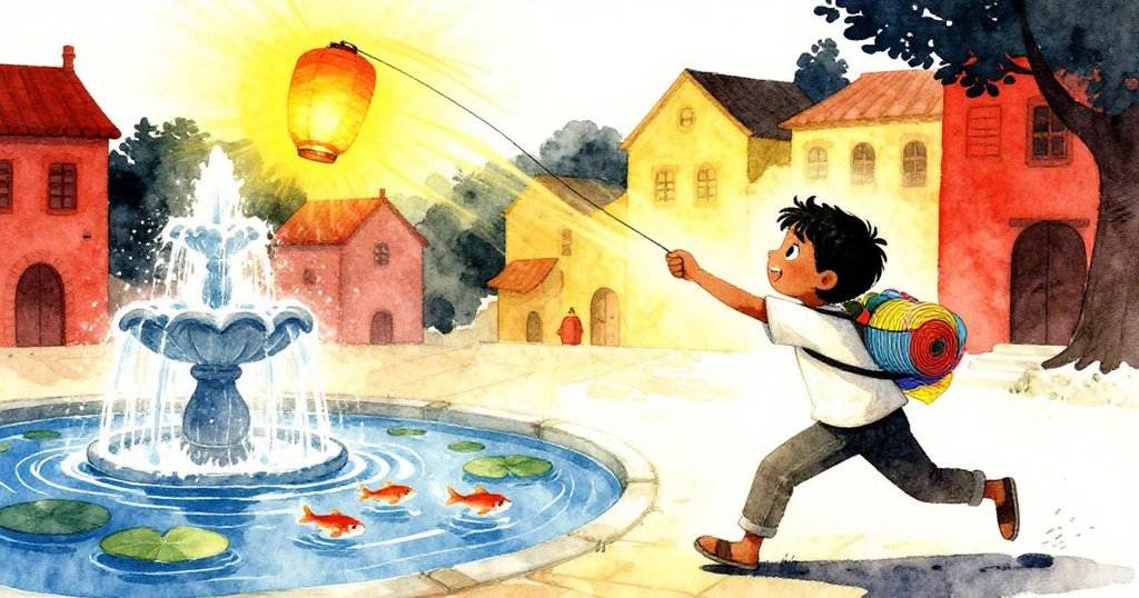 突如其來狂風猛吹燈籠線，拉維奮力抓住濕滑繩索，噴泉激起水花，小魚閃躲，神情緊張而果決。