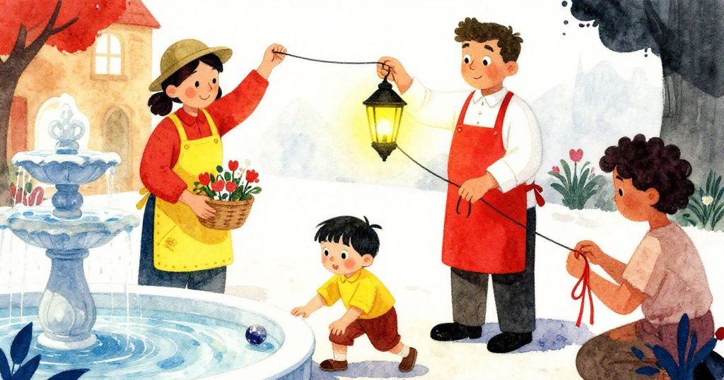 麵包師傅穩住飛揚的燈籠線，小孩急忙撿起掉落彈珠，花店老闆迅速整頓鬆結，三人協力同心，畫面充滿緊張與合作。