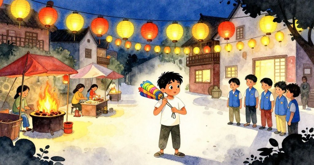 黃昏時分拉維細查燈籠結繩，紙燈亮起溫暖光芒，義工靜守廣場，攤販燃起炊煙，場景寧靜圓滿。