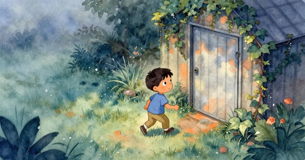 米洛在清晨薄霧中奔向覆滿常春藤的老棚門,庭院濕潤草地呈現故事開端,展現決心與探索。