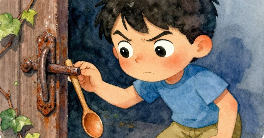 米洛聚焦表情特寫,仔細檢查生鏽的棚門插銷,眼神充滿好奇與輕微緊張,展現探索初期的情感。