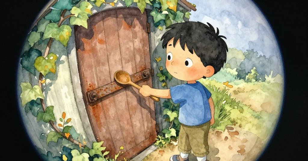 米洛用木匙輕敲棚門,奇幻扭曲視角展現門與工具細節,動作充滿冒險與探索樂趣。