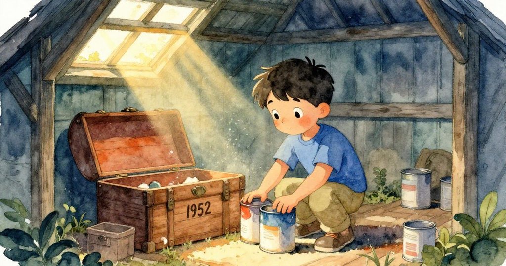 米洛在棚內輕撥油漆罐,陽光透過塵埃照亮刻有1952字樣的木箱,營造出溫暖懷舊氛圍。