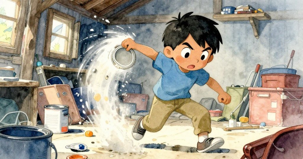 米洛急速清理散落油漆罐,露出隱秘通道,他迅捷動作展現冒險急迫與興奮心情。