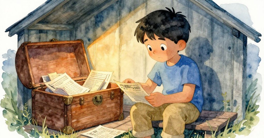 米洛坐在棚內長椅上整理舊報紙,溫柔動作與柔和金光傳達出與祖父記憶溫情重逢的感動。