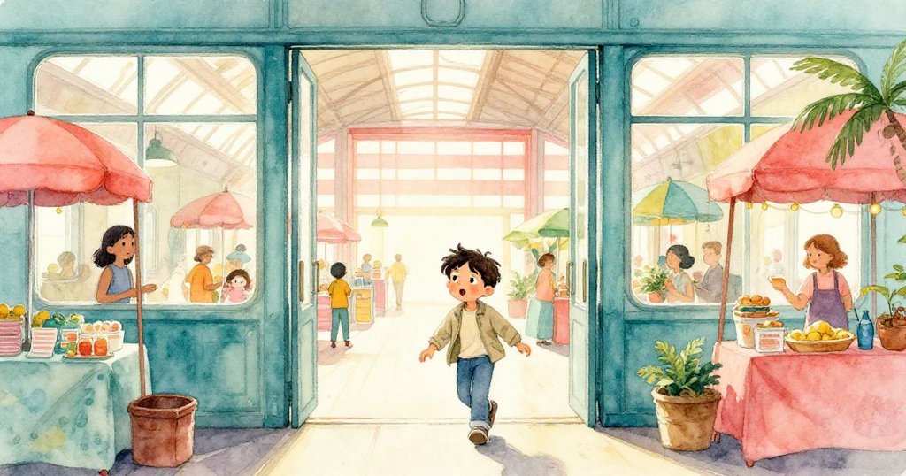 Milo興奮進入火車倉庫,攤位與陽光斜照交織,展現好奇與期待的心情,場景充滿歷史與活力。