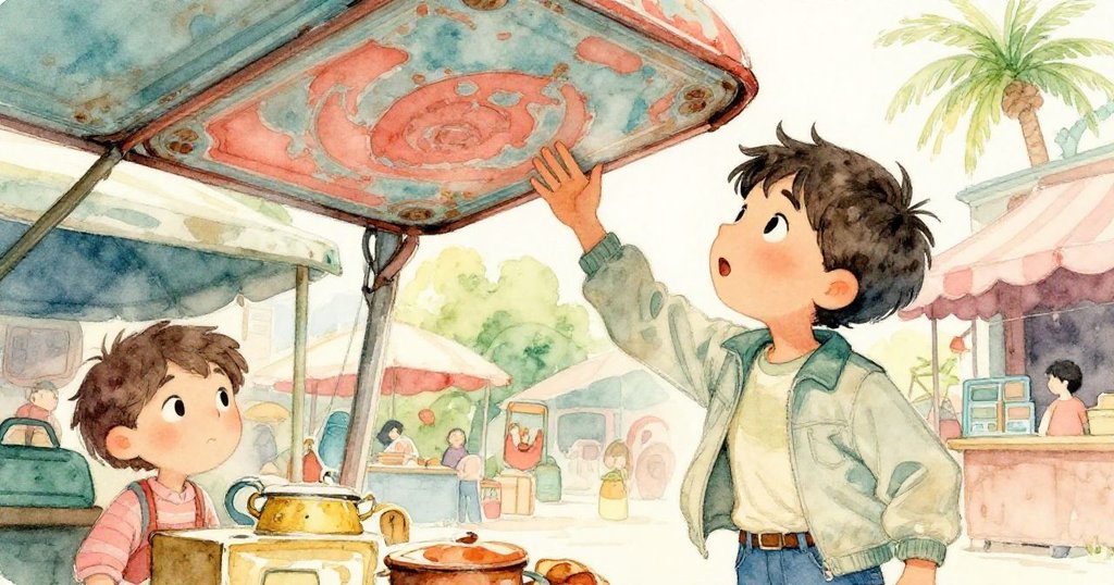 Milo專注觸摸古舊錫瓦片,背景隱約呈現經典陳設,細膩表達出歷史流逝與探索的驚奇。