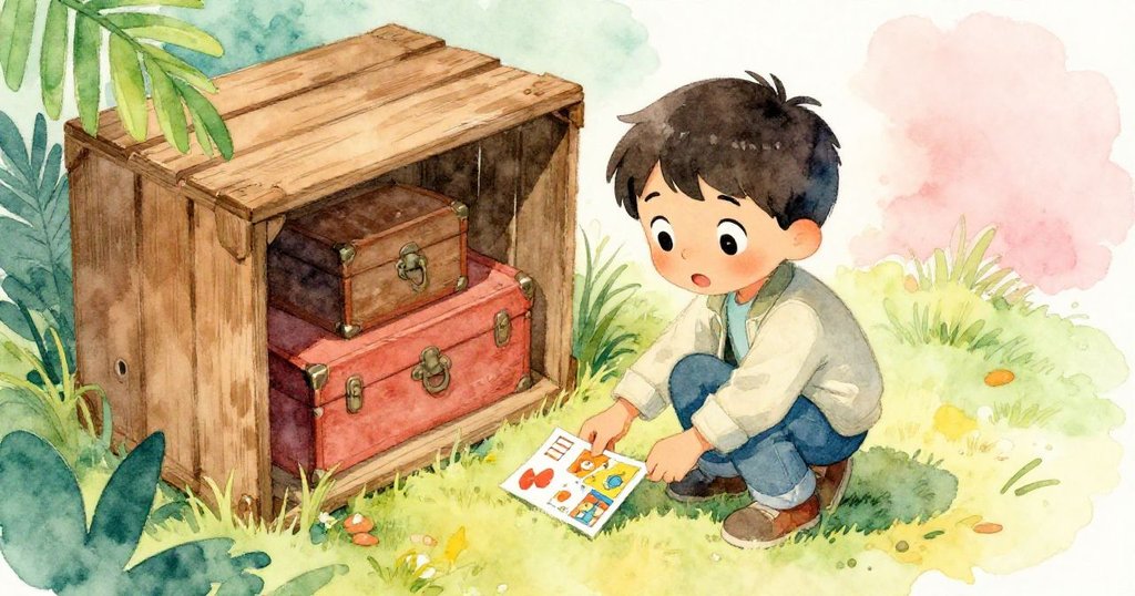 Milo從高處俯視時蹲下撿取明信片,探索隱藏的木箱,展現出探索與驚奇的神情。