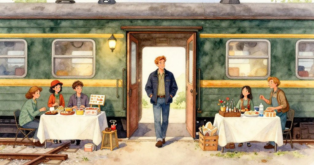 從高處俯視眾人圍觀,老人舉起歷史幻燈片照亮1950年代街景,場景溫馨而神秘。