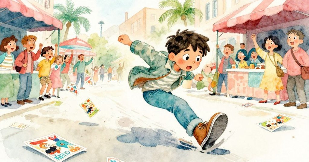 Milo急速滑動中,靴子擦過明信片,周圍人群急促反應,展現出動態與應變的情節。