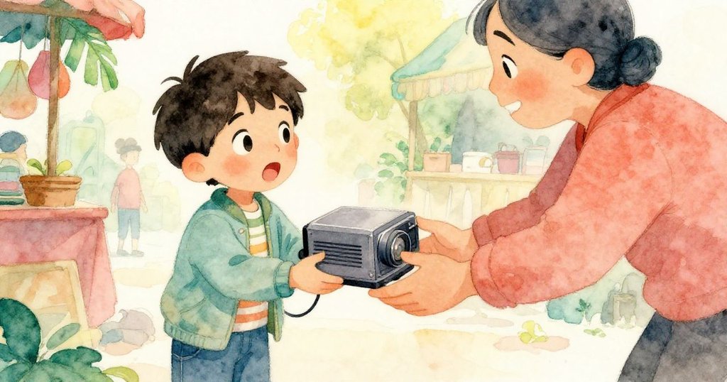 Milo感激點頭與幫助者交換古物,溫馨場景中幻燈機安靜放回原處,歷史禮贈充滿感動。