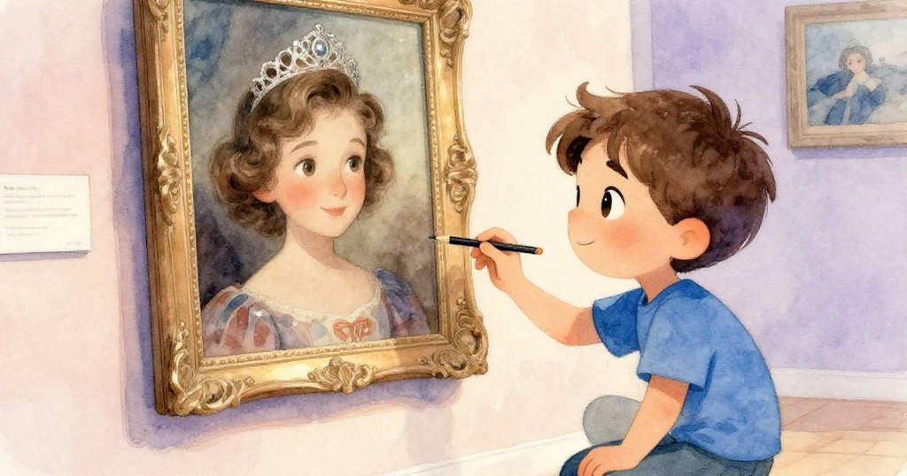 Milo蹲下仔細觀察古舊肖像,聚精會神比對漆面中的微光,發現神秘的銀色皇冠秘密,滿含驚喜。