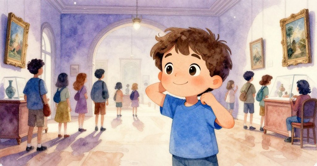 Milo靜坐於畫廊前微調步伐,背景遊客漸散,古典畫作斑駁光影層次豐富,充滿探索神秘感。