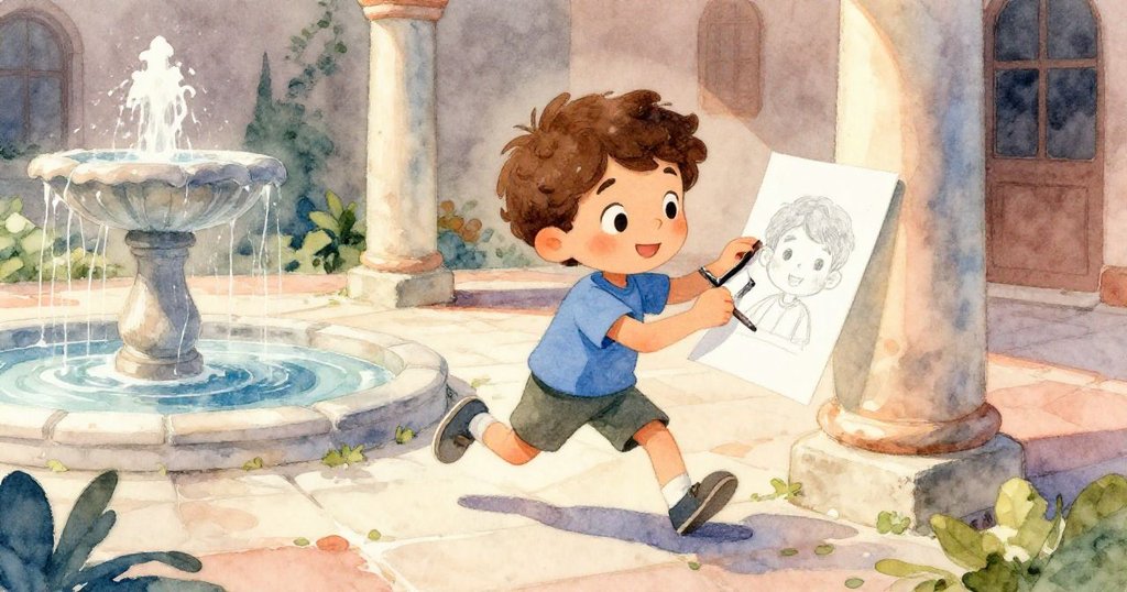 Milo跨入石庭,輕翻畫冊,噴泉邊午後陽光灑下,動態中展露探索熱情與溫暖情懷。