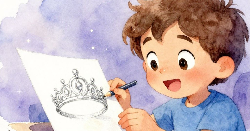 Milo臉上流露驚喜凝視鉛筆細描的銀皇冠,目光專注滿載喜悅,細節豐富情感溢出。