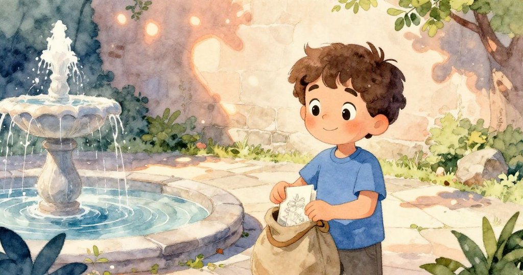 Milo坐於庭院噴泉旁,輕放畫冊進袋中,夕陽與陰影交錯映出沉思與未完奇遇的詩意畫面。