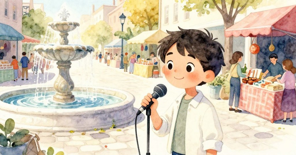 米洛在古老噴泉旁調整麥克風，市集熱鬧，溫暖光線映照路面，神情專注，展現城市生活初始情景。