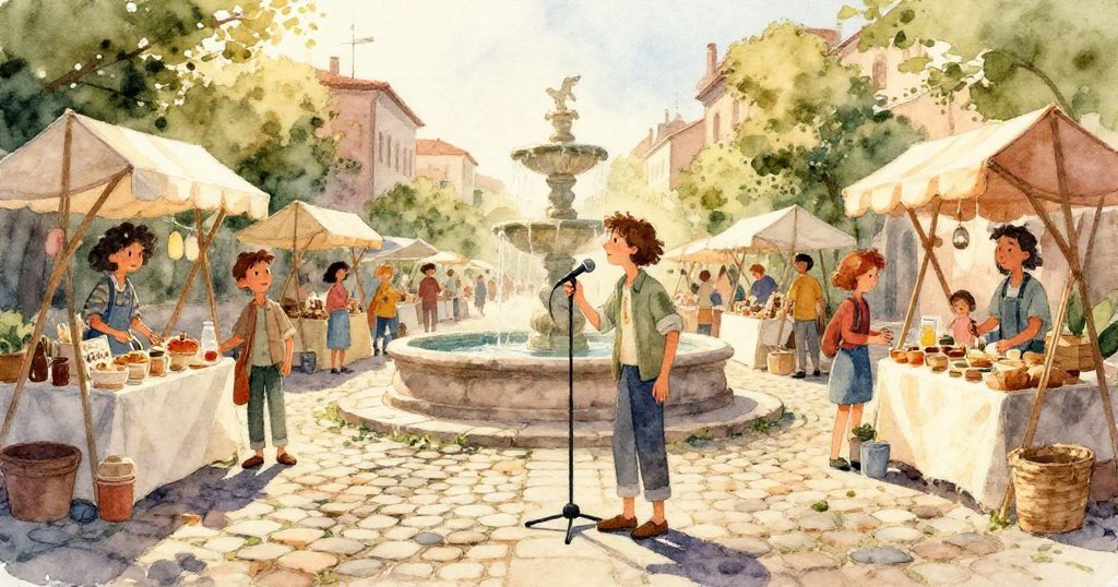 米洛專注地調整錄音裝置電纜，特寫雙手肌理清晰，背景隱約呈現市集氛圍，動作細緻。