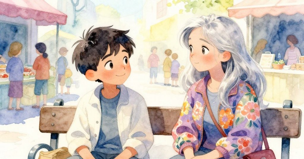 米洛邀請銀髮女子坐下傾聽她談昔日冬天回憶，市集觀眾圍觀，光影柔和，故事逐步展開。