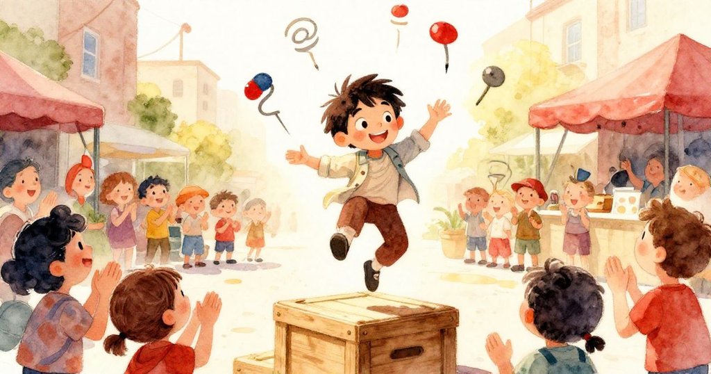 表演者穿條紋背帶躍起擲出亮針，市集人群豎掌歡呼，動感十足，故事情節轉向歡樂插曲。