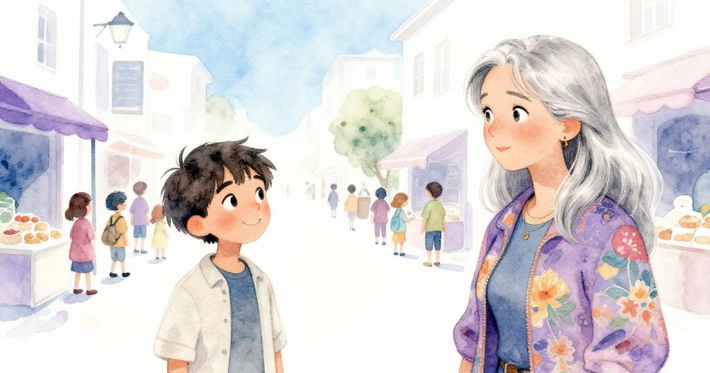 錄音器重新閃爍後銀髮女子繼續娓娓道來，米洛與市集人群聚集凝神聆聽，場景恢復寧靜溫馨。