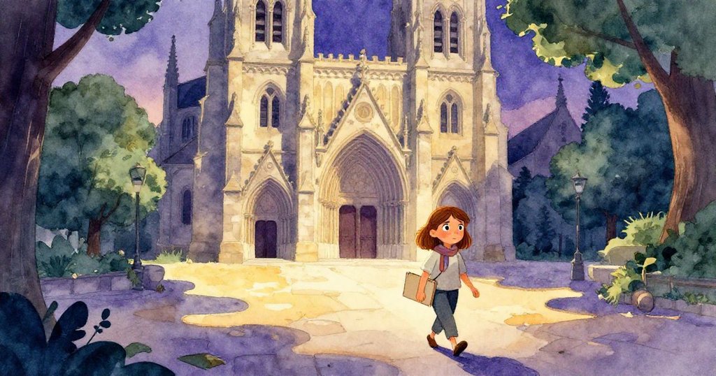 Mara在黃昏光中走入古老教堂前的廣場，手持畫冊，神情堅定，背景為古建築與柔和金光影。