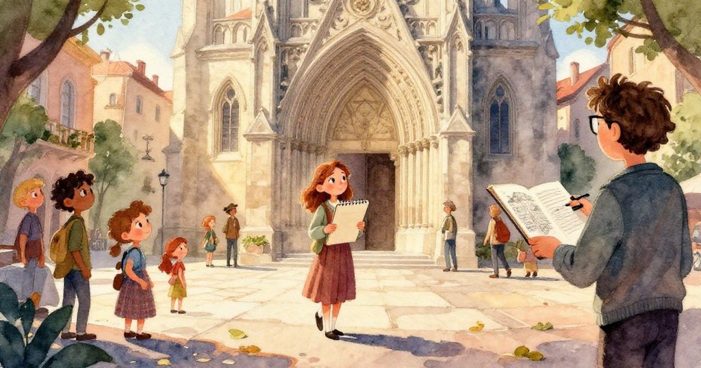 Mara在教堂內蹲下檢查斷裂鉛筆與畫具，手部動作細膩，背景透出暗紅與銀光，略顯憂慮。