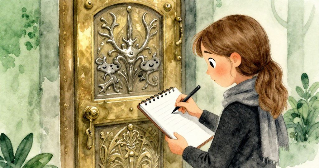 Mara從背後專注描繪銅門上精細掌痕，畫冊與門細節和諧展現，燈光溫暖神秘，情感堅定。