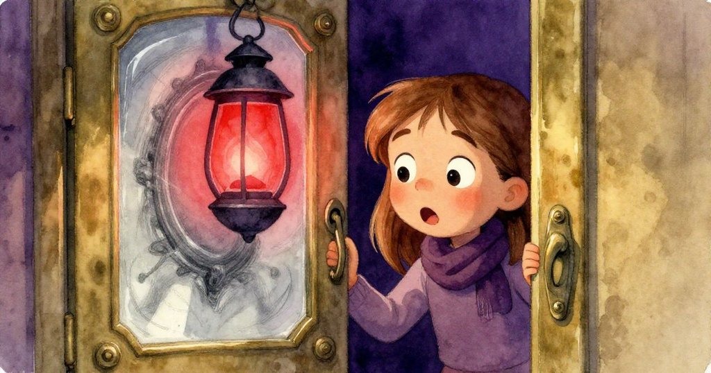 Mara驚訝凝視銅門微開處露出神秘鏡像，面部表情生動，深紫紅光營造魔幻秘密氛圍。