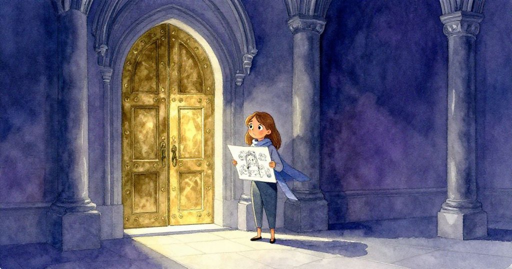 Mara靜立於教堂內，與銅門同沐穩定燈光，滿足欣賞完成畫作，環境古樸而和諧，散發寧靜氣息。