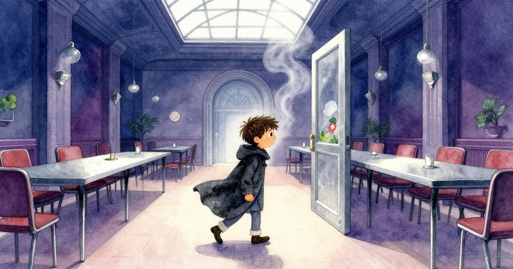 Milo 穿著深色大衣走入市政檔案館，天窗透入柔光，步入古老室內，臉上流露著平靜期待。