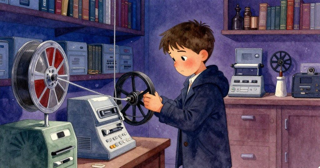 Milo 在多層次檔案館前專心調整張力輪，多台微縮膠片機構成背景，手勢穩健充滿決心。